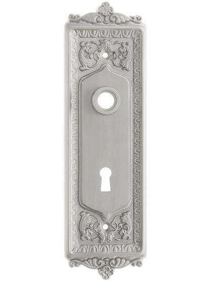 Egg and Dart Style Forged Brass Door Plate with Keyhole Satin Nickel.